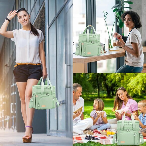 Double Deck Insulated Lunch Box for Men & Women, Leakproof Tote Cooler (Green) - Picture 4 of 7